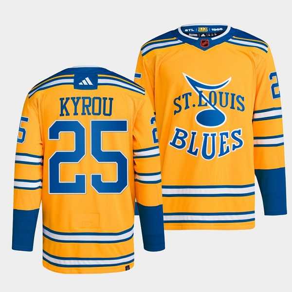 Mens St. Louis Blues #25 Jordan Kyrou Yellow 2022-23 Reverse Retro Stitched Jersey Dzhi